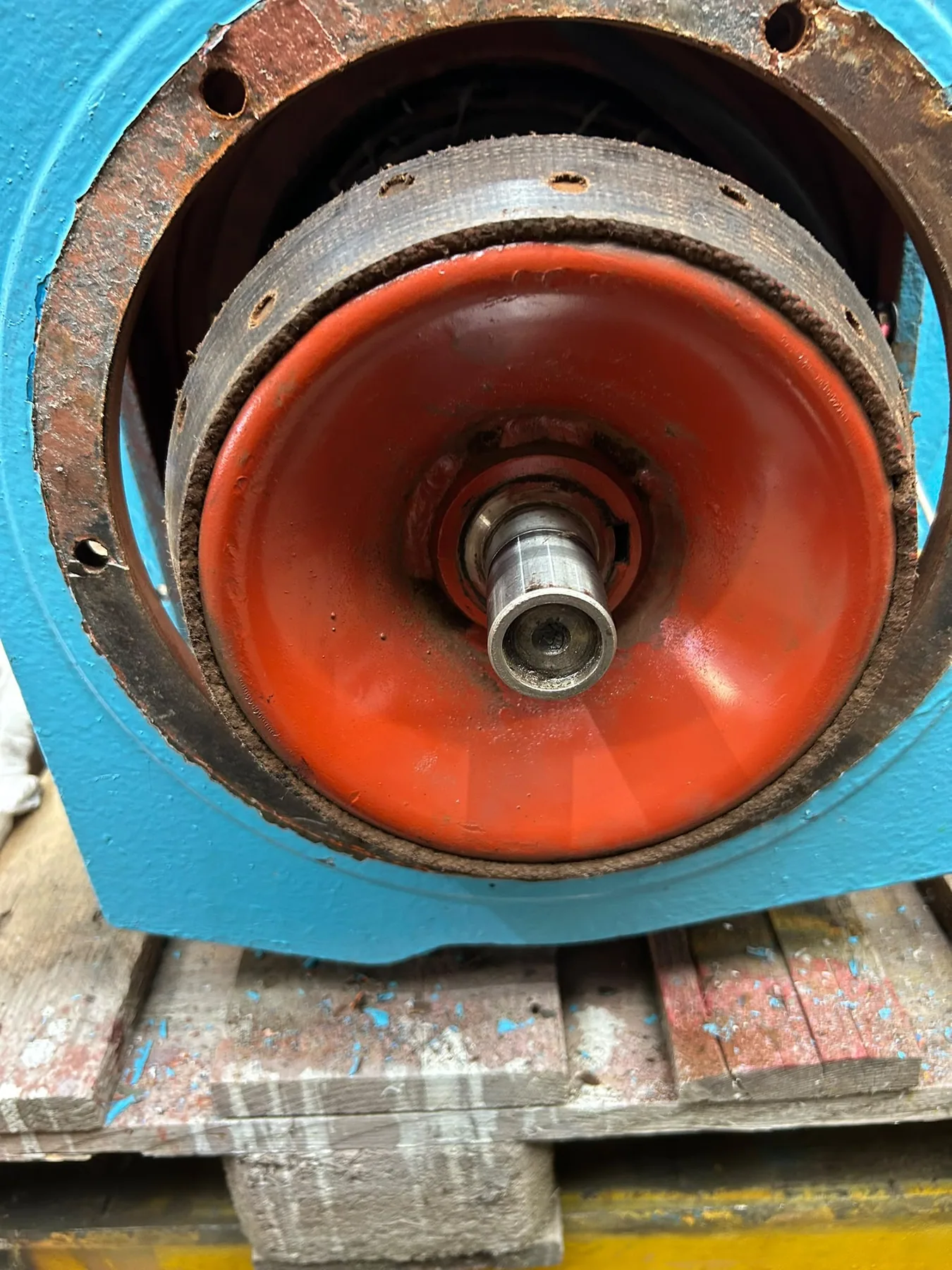 Worn crane sheave removed for inspection and repair
